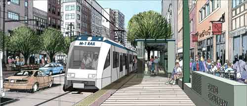 Here's an artist's depiction of the light rail project. (From the M-1 Light Rail Group.)