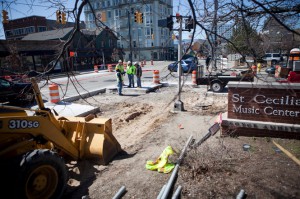 Work on a new bus rapid transit station at the corner of Fulton Street and Ransom Avenue started on Monday, April 1 in Grand Rapids. (Emily Zoladz | Mlive.com)