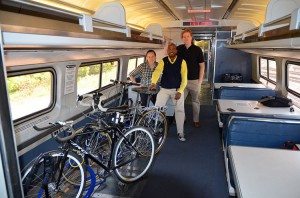 Rory Neuner, LMB's Board Vice Chair and John Lindenmayer, LMB's Advocacy & Policy Director with Derrick James, Director, Government Affairs - Central Amtrak during the May 15th bikes on trains demonstration ride. (Photo courtesy the Michigan League of Bicyclists)