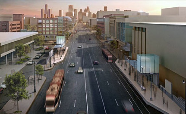Here's an artist's rendition of the proposed streetcar line on Woodward Avenue in Detroit. (From M-! Rail.)
