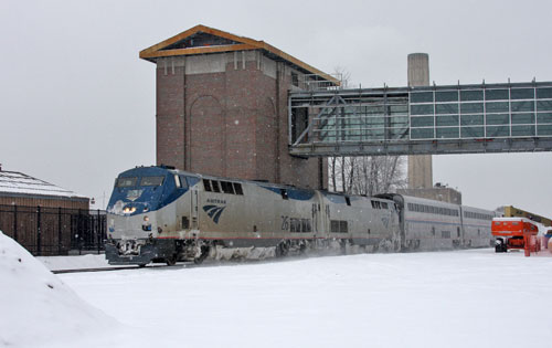 Amtrak Wolverine Train #350 passes the Dearborn station which is under construction on Jan. 5, 2014. (Photo by Kenneth Borg.)