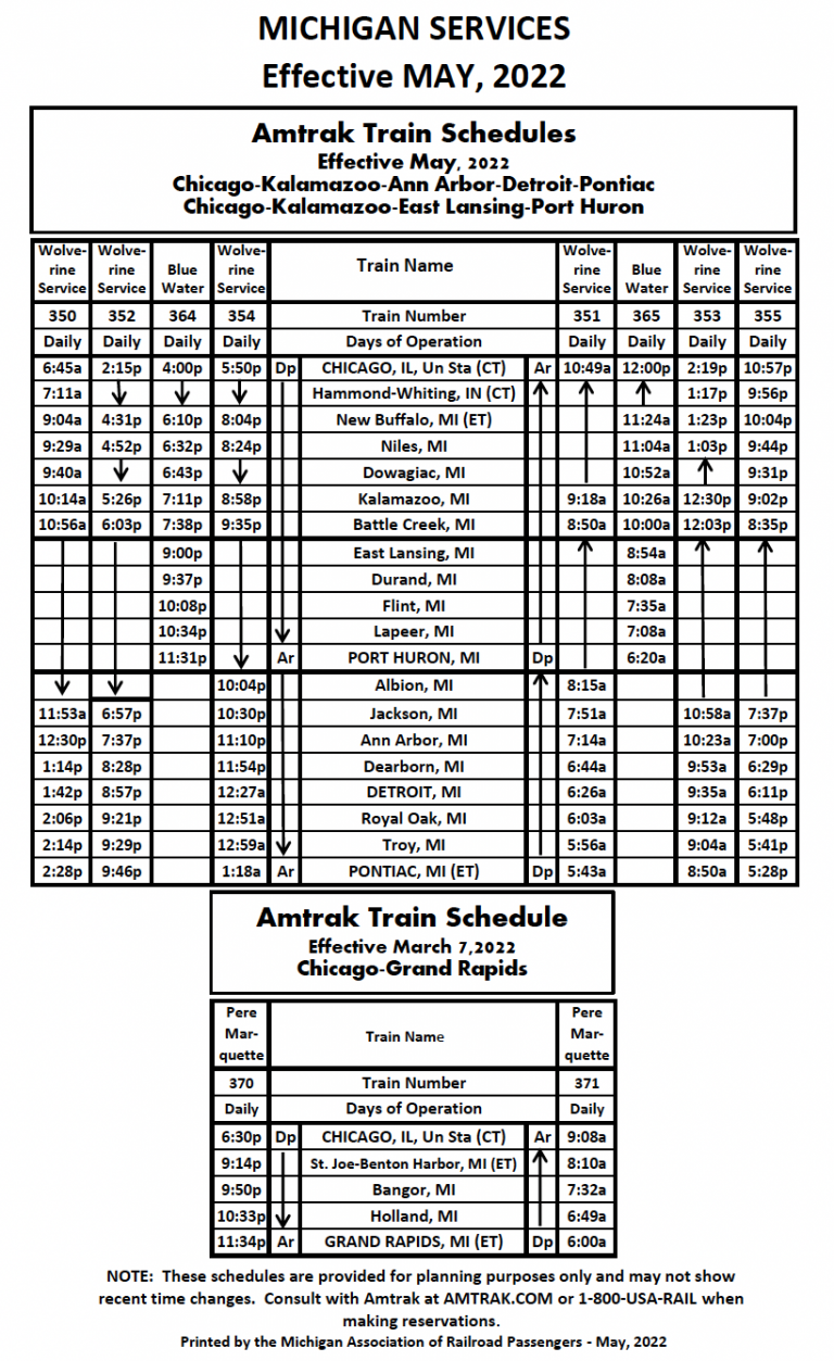 Amtrak Schedule Michigan Association of Railroad Passengers